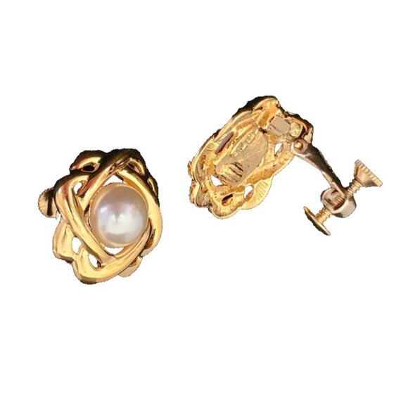 Napier Gold Tone Faux Pearl Earrings, Clip-on, Screw Backs, 7/8" Diameter - Picture 2 of 5